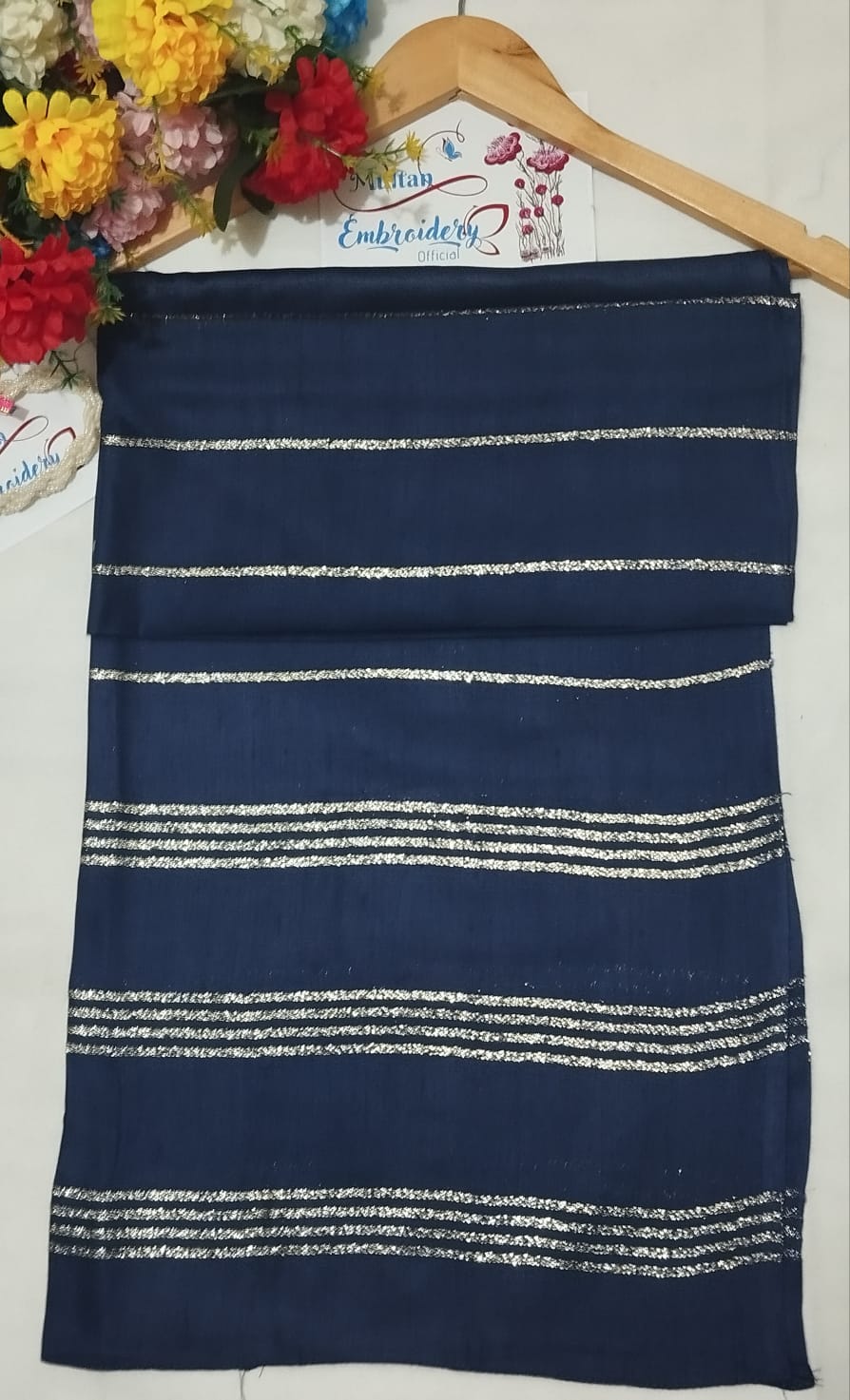 navy blue Golden Elegance: Stylish Linen Staller Collection - Fancy Hijabs for Girls and Women, for All Seasons, sides are stitched, No Piko Work Needed - Image 9