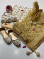 Fancy 5pc Suit | Chiffon Embroidery | Masuri Shalwar | Mirror Work Dupatta | Matching Khussa & Clutch - Image 21