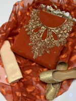 4pc Party Wear | Indian organza Hande made Moti work with zari with Indian organza Borsha  dupattaa. - Image 7