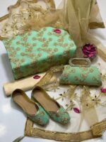 Fancy 5pc Suit | Chiffon Embroidery | Masuri Shalwar | Mirror Work Dupatta | Matching Khussa & Clutch - Image 18