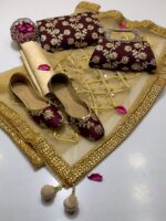 Fancy 5pc Suit | Chiffon Embroidery | Masuri Shalwar | Mirror Work Dupatta | Matching Khussa & Clutch - Image 19