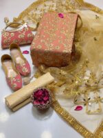 Fancy 5pc Suit | Chiffon Embroidery | Masuri Shalwar | Mirror Work Dupatta | Matching Khussa & Clutch - Image 8