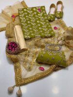 Fancy 5pc Suit | Chiffon Embroidery | Masuri Shalwar | Mirror Work Dupatta | Matching Khussa & Clutch - Image 7