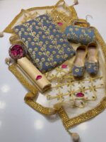 Fancy 5pc Suit | Chiffon Embroidery | Masuri Shalwar | Mirror Work Dupatta | Matching Khussa & Clutch - Image 6