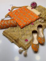 Fancy 5pc Suit | Chiffon Embroidery | Masuri Shalwar | Mirror Work Dupatta | Matching Khussa & Clutch - Image 5