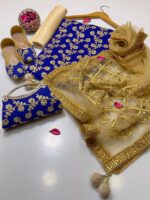 Fancy 5pc Suit | Chiffon Embroidery | Masuri Shalwar | Mirror Work Dupatta | Matching Khussa & Clutch - Image 4
