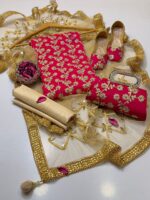 Fancy 5pc Suit | Chiffon Embroidery | Masuri Shalwar | Mirror Work Dupatta | Matching Khussa & Clutch - Image 3