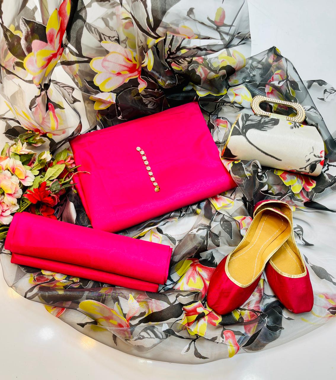 color 2 Party wear | 5 Pieces | Kataan Plain Shirt & Trouser | Organza Printed Dupatta | Matching Khussa & Clutch - Image 6