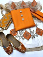 Party wear | 5pc Collection | Kataan Shirt & Trouser | Net Mirror & Lace Work Dupatta | Embroidered Khussa & Clutch - Image 9