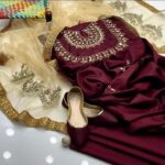 4pc Party Wear | Fancy Katan Dress | Mirror Work Shirt & Trouser | Mirror Work Net Dupatta - Image 3