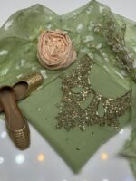 4pc Party Wear | Indian organza Hande made Moti work with zari with Indian organza Borsha  dupattaa. - Image 6