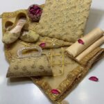 Fancy 5pc Suit | Chiffon Embroidery | Masuri Shalwar | Mirror Work Dupatta | Matching Khussa & Clutch