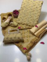 Fancy 5pc Suit | Chiffon Embroidery | Masuri Shalwar | Mirror Work Dupatta | Matching Khussa & Clutch