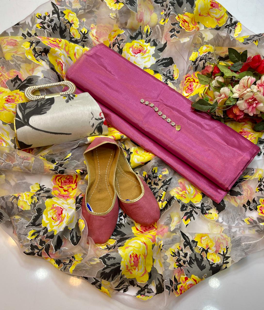 color 3 Party wear | 5 Pieces | Kataan Plain Shirt & Trouser | Organza Printed Dupatta | Matching Khussa & Clutch - Image 5