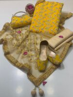 Fancy 5pc Suit | Chiffon Embroidery | Masuri Shalwar | Mirror Work Dupatta | Matching Khussa & Clutch - Image 11