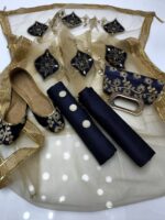 Party wear | 5pc Collection | Kataan Shirt & Trouser | Net Mirror & Lace Work Dupatta | Embroidered Khussa & Clutch - Image 8