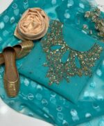 4pc Party Wear | Indian organza Hande made Moti work with zari with Indian organza Borsha  dupattaa. - Image 5