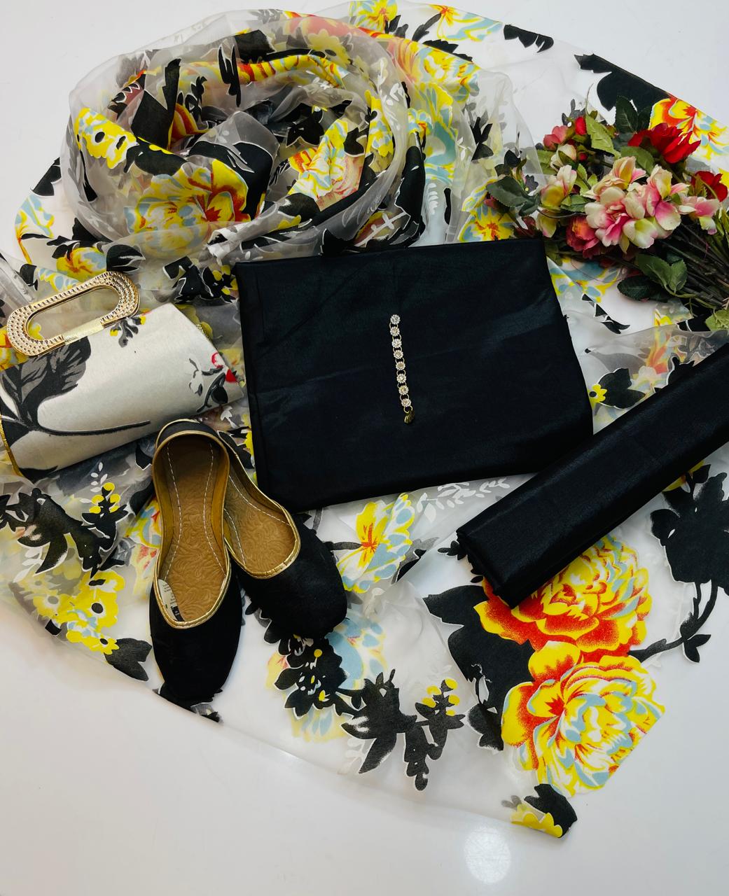 color 4 Party wear | 5 Pieces | Kataan Plain Shirt & Trouser | Organza Printed Dupatta | Matching Khussa & Clutch - Image 4