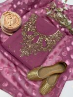 4pc Party Wear | Indian organza Hande made Moti work with zari with Indian organza Borsha  dupattaa. - Image 4