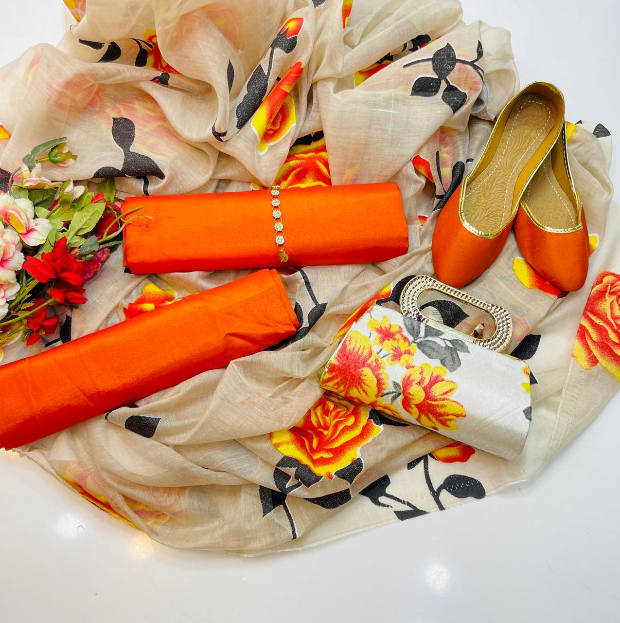 color 5 Party wear | 5 Pieces | Kataan Plain Shirt & Trouser | Organza Printed Dupatta | Matching Khussa & Clutch - Image 3