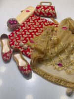 Fancy 5pc Suit | Chiffon Embroidery | Masuri Shalwar | Mirror Work Dupatta | Matching Khussa & Clutch - Image 13