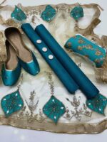 Party wear | 5pc Collection | Kataan Shirt & Trouser | Net Mirror & Lace Work Dupatta | Embroidered Khussa & Clutch