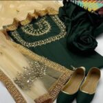 4pc Party Wear | Fancy Katan Dress | Mirror Work Shirt & Trouser | Mirror Work Net Dupatta - Image 6