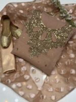 4pc Party Wear | Indian organza Hande made Moti work with zari with Indian organza Borsha  dupattaa. - Image 3