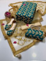 Fancy 5pc Suit | Chiffon Embroidery | Masuri Shalwar | Mirror Work Dupatta | Matching Khussa & Clutch - Image 14