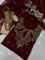 4pc Party Wear | Indian organza Hande made Moti work with zari with Indian organza Borsha  dupattaa. - Image 2