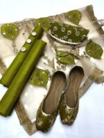 Party wear | 5pc Collection | Kataan Shirt & Trouser | Net Mirror & Lace Work Dupatta | Embroidered Khussa & Clutch - Image 4