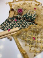 Fancy 5pc Suit | Chiffon Embroidery | Masuri Shalwar | Mirror Work Dupatta | Matching Khussa & Clutch - Image 15