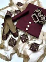 Party wear | 5pc Collection | Kataan Shirt & Trouser | Net Mirror & Lace Work Dupatta | Embroidered Khussa & Clutch - Image 3