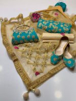Fancy 5pc Suit | Chiffon Embroidery | Masuri Shalwar | Mirror Work Dupatta | Matching Khussa & Clutch - Image 16