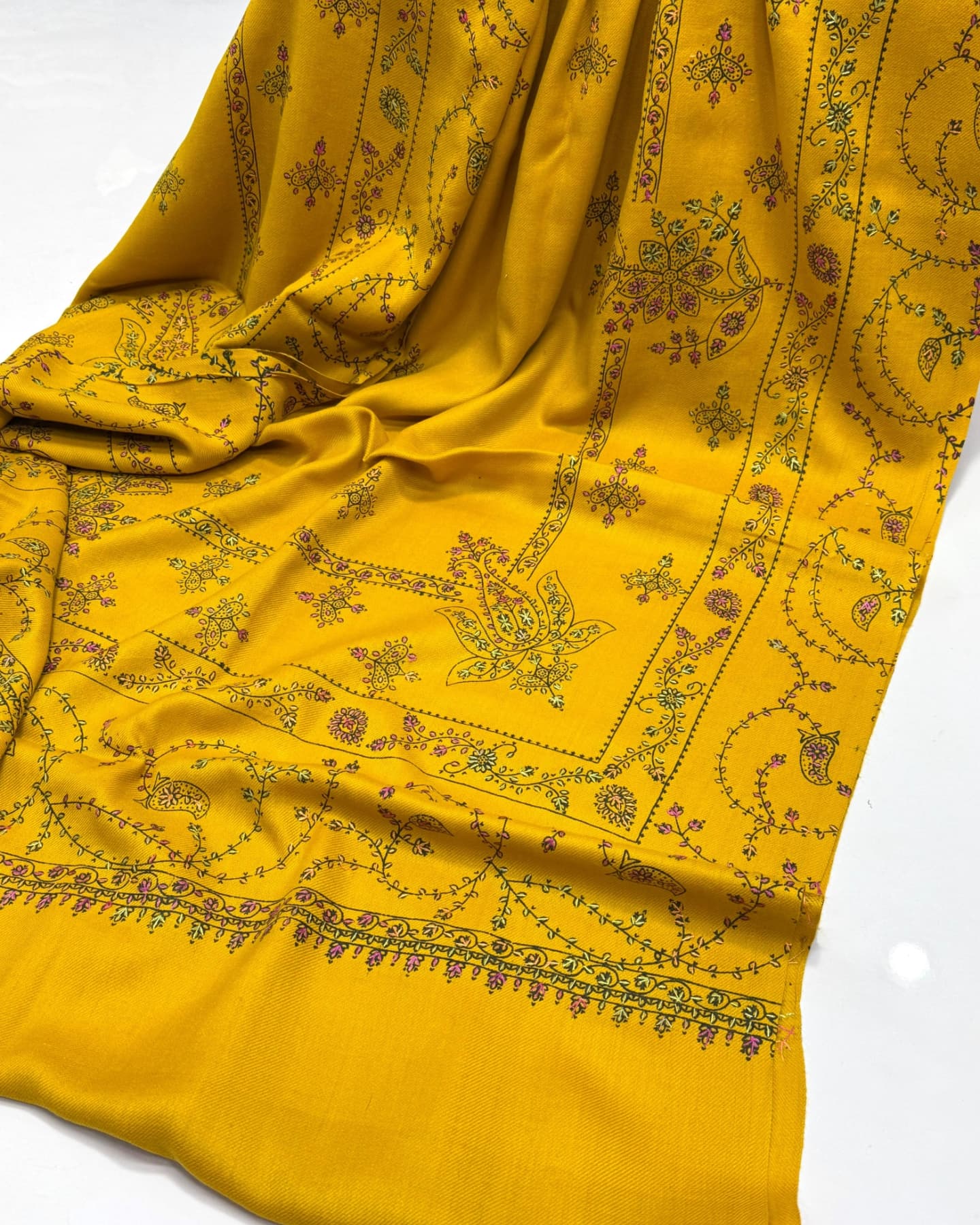 mustard Pashmina Kashmiri Embroidery Shawl – Handcrafted Embroidery with Block Print, 2.5-Yard Premium Quality Wrap - Image 5