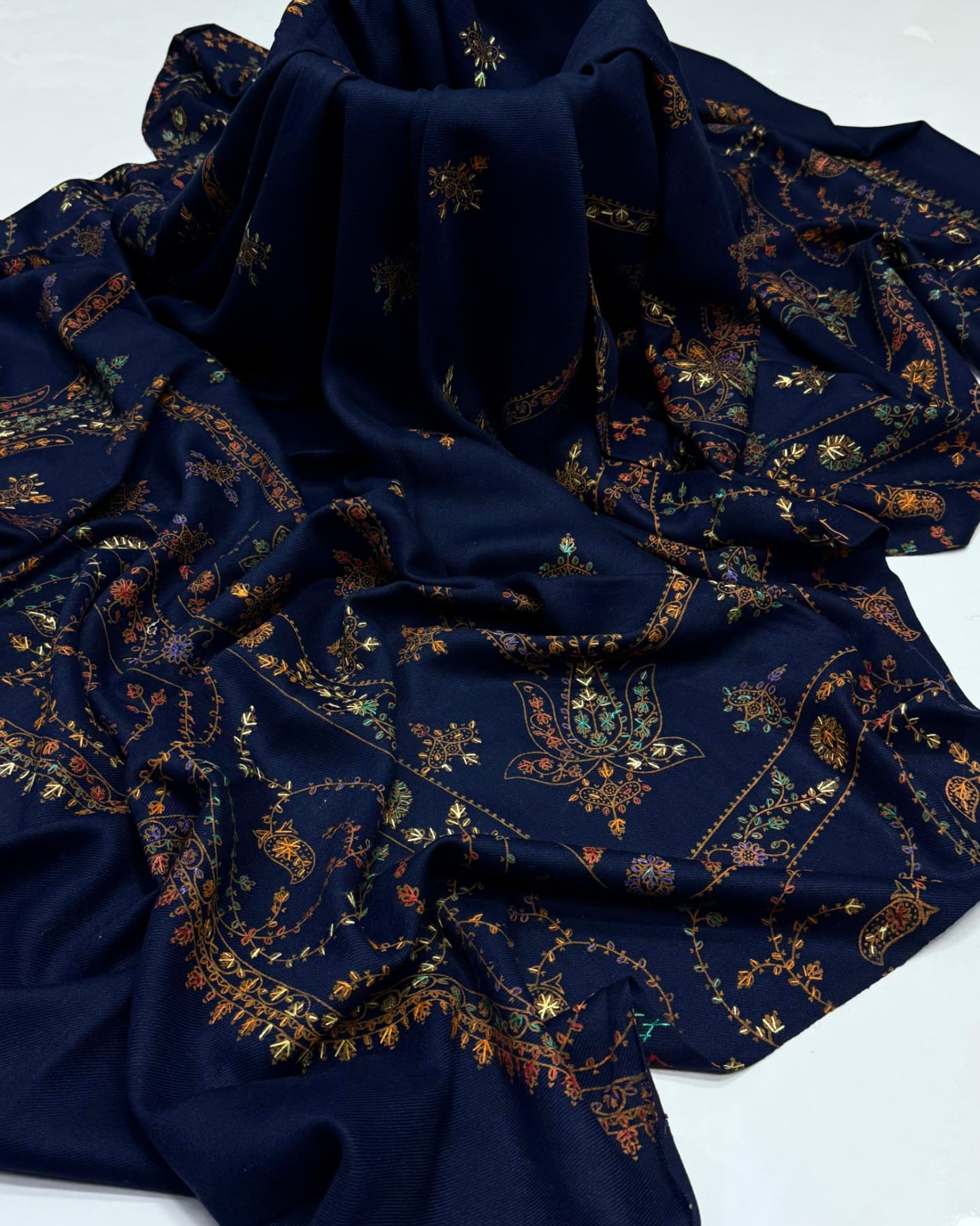 navy blue Pashmina Kashmiri Embroidery Shawl – Handcrafted Embroidery with Block Print, 2.5-Yard Premium Quality Wrap - Image 4