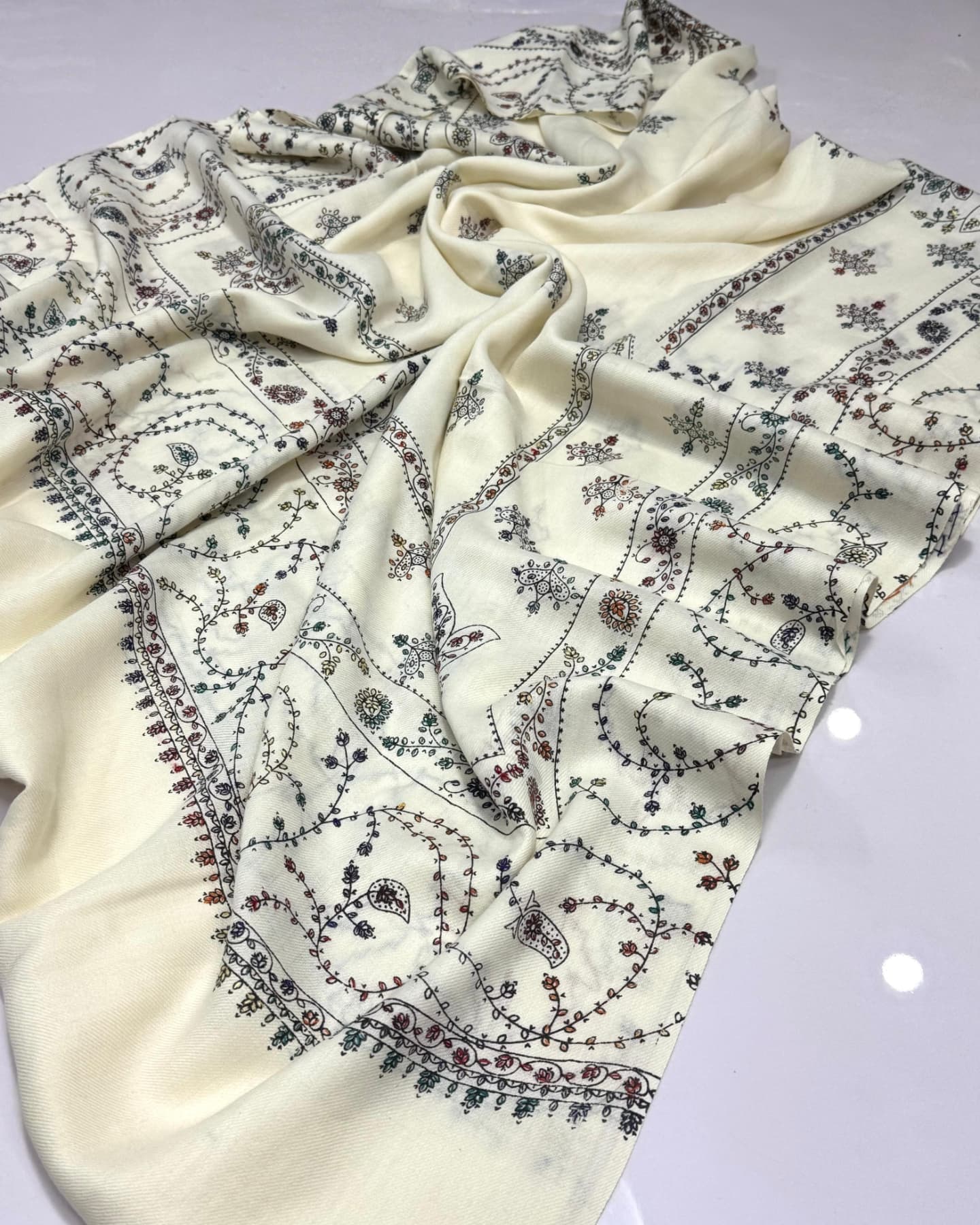 off whilte Pashmina Kashmiri Embroidery Shawl – Handcrafted Embroidery with Block Print, 2.5-Yard Premium Quality Wrap - Image 3